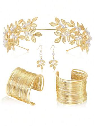 Set Of 4 Goddess Headband Accessories, Pearl Leaf Headband, Coil Bracelet