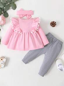 3pcs Baby Girl Fashion Headband, Top And Leggings Outfit