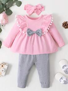 3pcs Baby Girl Fashion Headband, Top And Leggings Outfit