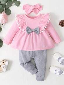 3pcs Baby Girl Fashion Headband, Top And Leggings Outfit