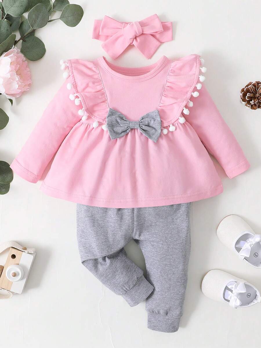 3pcs Baby Girl Fashion Headband, Top And Leggings Outfit