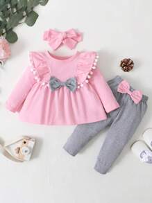 3pcs Baby Girl Fashion Headband, Top And Leggings Outfit