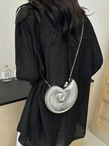 贝壳形优雅派对手拿包，独特设计海螺包，时尚闪亮晚宴包，带链条，单肩包和斜挎包，耳机袋，零钱包，优雅的贝壳钱包非常适合派对婚礼晚宴和宴会搭配婚纱礼服舞会礼服生日服装和女士派对服装 - 銀色 - 查看 5