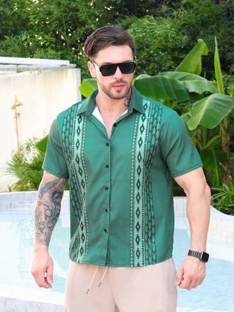 Boyfriend Style Men's Vintage Geometric Pattern Button Down Shirts, Lapel Hawaiian Summer Clothings For Party Holiday
