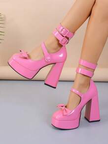 12cm Women Bowknot High Heels Shoes New Double Buckle Low Vamp Round Toe Fairy Style Chunky Heels