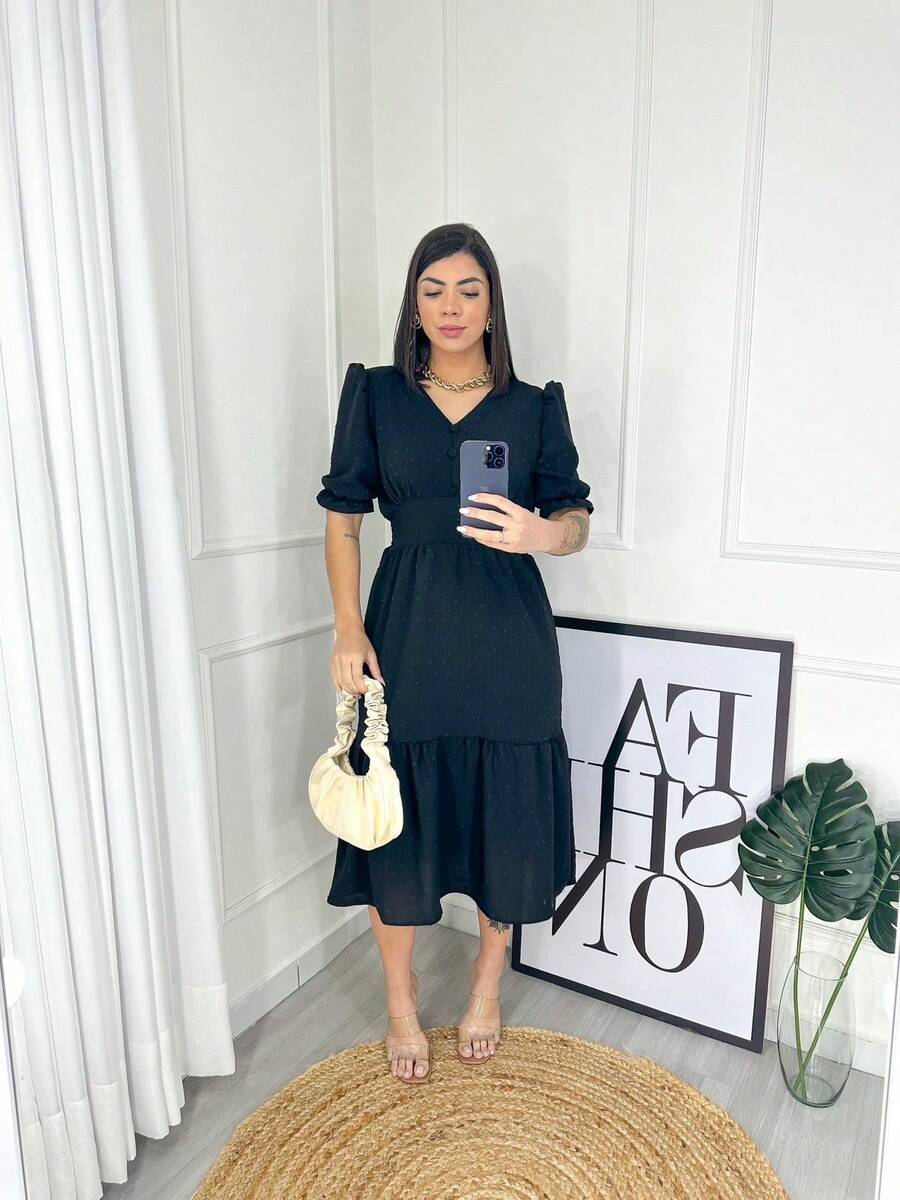 Plain Women's Popcorn Dress - Dress With Elastic On The Back. Baby Blue, Bender Green, Rose, And Black. - 黑色 - 查看 1