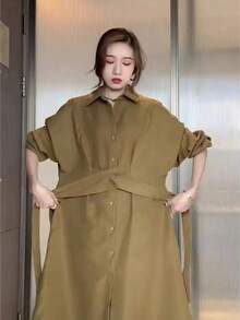女士休闲长袖收腰衬衫裙 - 芥末黃 - 查看 4