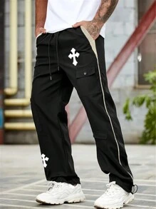 Men's Cross Print Cargo Pants With Drawstring Waist - Black - View 5