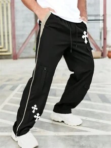 Men's Cross Print Cargo Pants With Drawstring Waist - Black - View 1