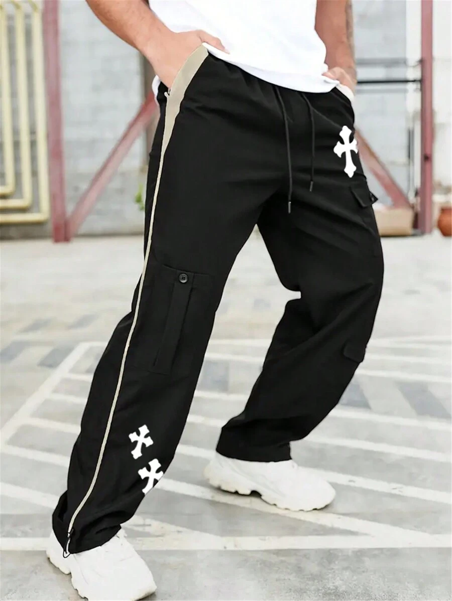 Men's Cross Print Cargo Pants With Drawstring Waist - Black - View 1