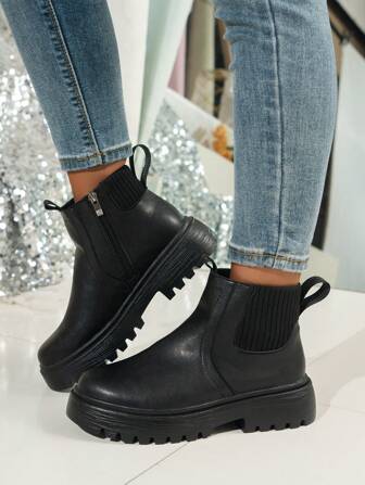 Fall/Winter 2025 Women's Ankle Boots With Elastic And Side Zipper, Black Platform Boots Motorcycle Boots Hoodies Fashion Boots