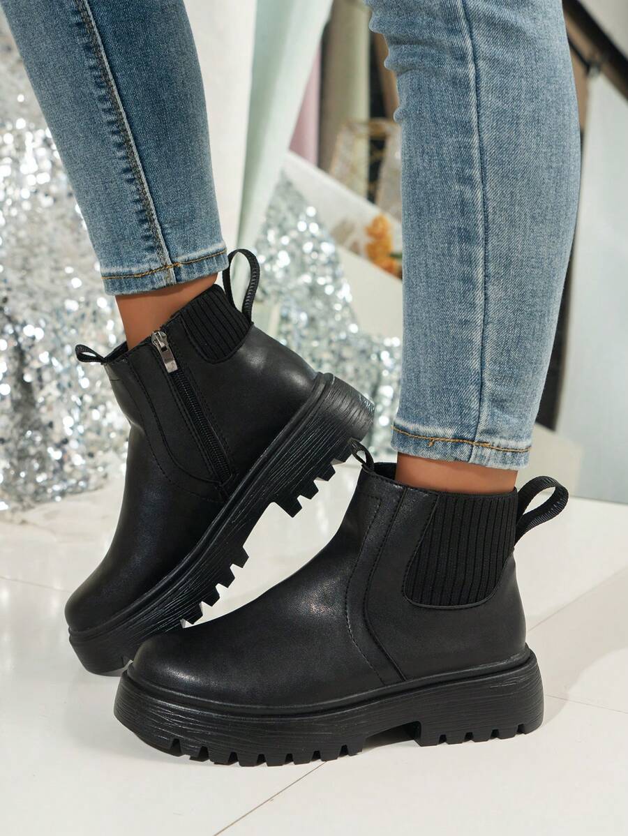 Fall/Winter 2025 Women's Ankle Boots With Elastic And Side Zipper, Black Platform Boots Motorcycle Boots Hoodies Fashion Boots - Black - View 1