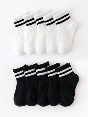 5 双男孩女孩黑色四季儿童中筒袜，透气舒适，适合上学/休闲穿着