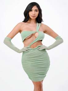 Popular It Girl Multimedia Solid Sleeveless Chest Cutout Sheer Mesh Side Ruched Midi Dress With Gloves, Popular It Girl Multimedia Vestido A Media Pierna Con Pliegues Laterales De Malla Transparente Sin Mangas Y Corte En El Pecho Liso Con Guantes, - 綠色 - 查看 1