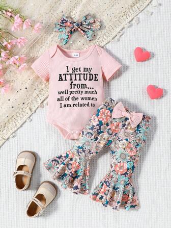 3 件套女婴可爱罗纹字母印花连体衣 + 花卉印花喇叭裤 + 头带套装