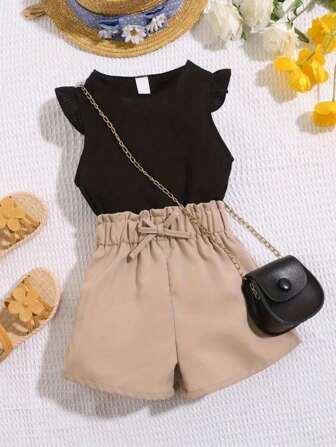 女婴优雅可爱新生儿夏季圆领无袖T恤+短裤两件套休闲装，多种颜色可选，适合0-3岁宝宝整个夏天