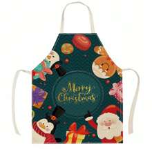 1 件圣诞老人、驯鹿、雪花印花亚麻时尚围裙，适合圣诞节、家庭清洁、厨房烹饪、家居使用 - 彩色 - 查看 7
