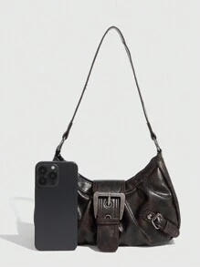 1 件复古做旧皮革摩托车包，饰有铆钉和搭扣，触感柔软，可折叠设计，云朵造型，适合肩背或斜挎，是工作、通勤、约会、派对、万圣节钱包的理想之选，完美契合万圣节派对时尚和哥特风格。 - 咖啡棕 - 查看 4