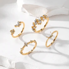 GARMEND 1set/4pcs Luxury Gold-Tone Rhinestone Butterfly Ring Set For Women