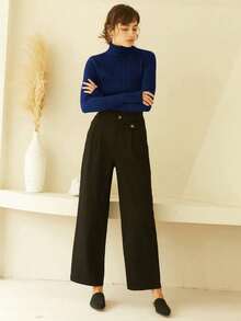 Knit Mix Elegant Women's Turtleneck Knit Sweater, Slim Fit Long Sleeve Essential Pullover, Versatile French Retro Christmas Jumper, Thanksgiving New Year, Distinctive Vintage Style Sweater, Back To School Autumn/Winter - Blue - View 3