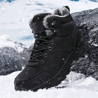 Autumn/Winter New High-Top Thick-Soled Ultra-Light Warm Men's Outdoor Snow Boots, PU Plus Size Men's Boots (EU39-48), Outdoor Hiking Shoes, Men's Outdoor Sports Snow Boots, Trekking Boots, Outdoor Trail Shoes, Climbing Boots, Thermal Lined, Comfortable Casual Shoes, Warm Hiking Shoes, Anti-Slip & Durable, Black Snow Boots