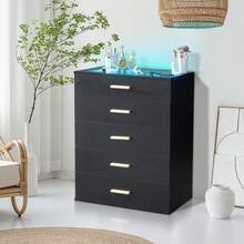 Black Pitted Particleboard With Triamine Coating, Tempered Glass 66*35*83cm, Visible Side Of Cabinet, Five Drawers, Drawer Cabinet With RGB Light - 黑色 - 查看 6