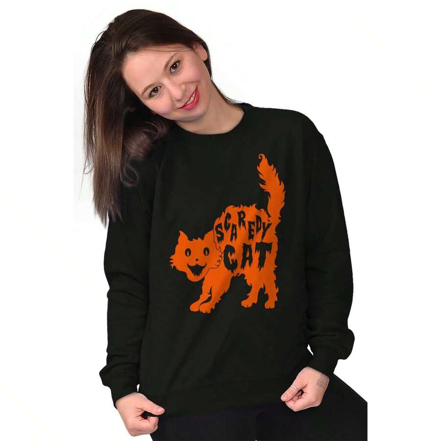 Vintage Halloween Scaredy Cat Cute Women Crewneck Sweatshirt - Black - View 1
