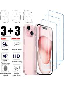 3+3 gehärtetes Glas kompatibel mit iPhone 15 14 13 12 11 16Pro Max Plus Mini Kamera Bildschirmschutz kompatibel mit iPhone wasserdicht stoßfest kratzfest und fingerabdruckfest Vollabdeckung