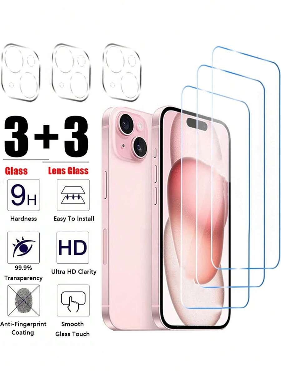 3+3 gehärtetes Glas kompatibel mit iPhone 15 14 13 12 11 16Pro Max Plus Mini Kamera Bildschirmschutz kompatibel mit iPhone wasserdicht stoßfest kratzfest und fingerabdruckfest Vollabdeckung