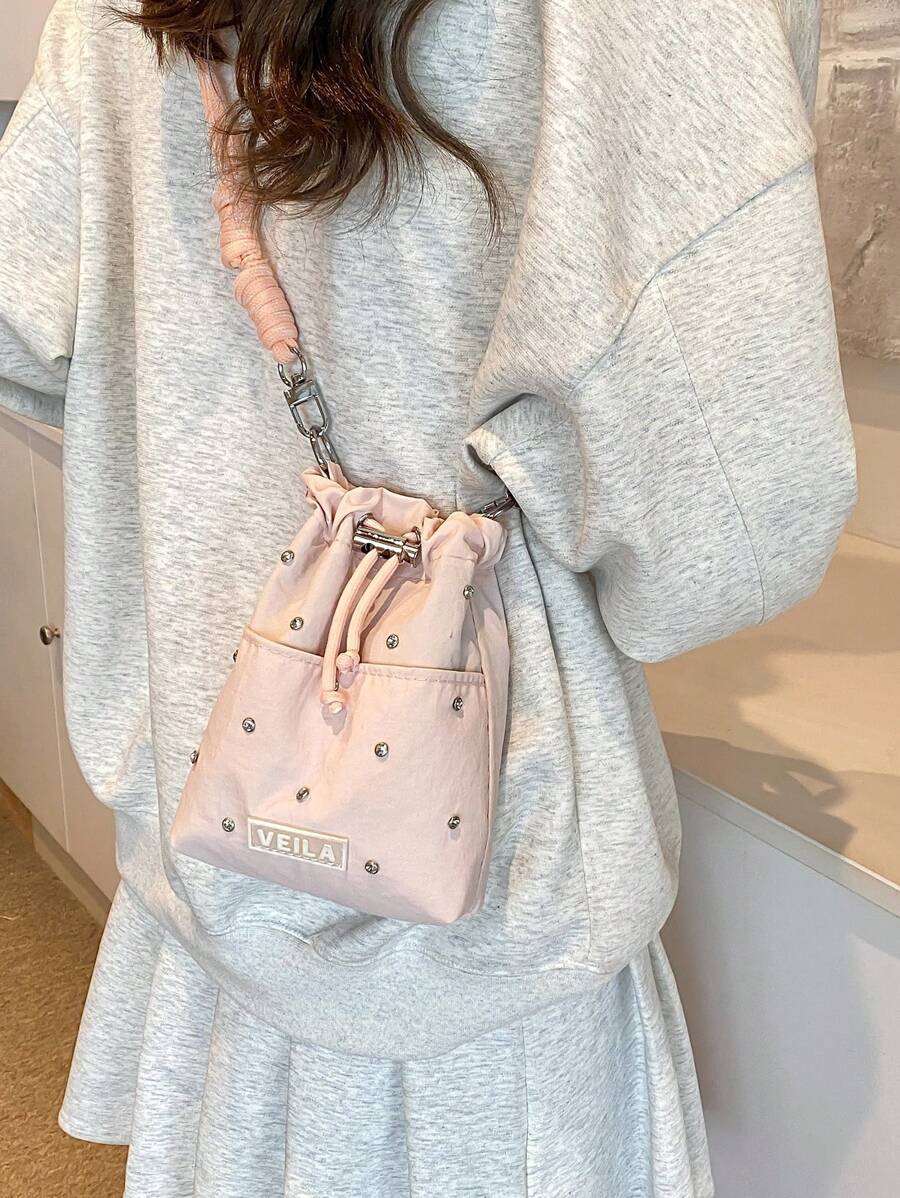 可爱抽绳梦幻粉色手机袋斜挎包零钱包，运动休闲，大学/学校女孩旅行必备