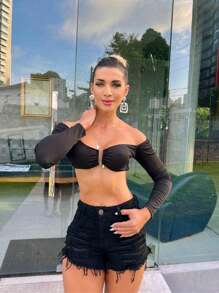 Women's Short Denim Shorts Detonated High Waist Frayed - Negro - Ver 2