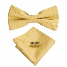 Męska muszka Precyzyjna muszka i poszetkowe spinki do mankietów Złote żółte brązowe geometryczne krawaty Paisley