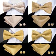 Męska muszka Precyzyjna muszka i poszetkowe spinki do mankietów Złote żółte brązowe geometryczne krawaty Paisley