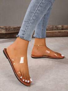 Sandalias de mujer transparentes de slip-on, informales de verano con ajuste holgado, versátiles, antideslizantes, cómodas, livianas, suaves, simples, de moda, con tira de brillo