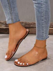 Sandalias de mujer transparentes de slip-on, informales de verano con ajuste holgado, versátiles, antideslizantes, cómodas, livianas, suaves, simples, de moda, con tira de brillo