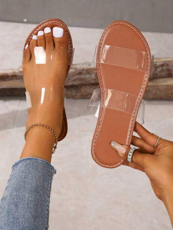Sandalias de mujer transparentes de slip-on, informales de verano con ajuste holgado, versátiles, antideslizantes, cómodas, livianas, suaves, simples, de moda, con tira de brillo