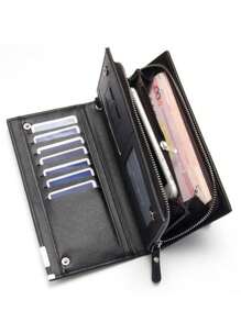 STAR SHOP Men's Long Leather Wallet Cards Document Cell Phone - Black - View 2