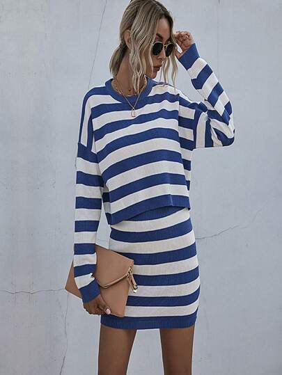 1 Set Fitted Blue Striped Print Round Neck Long Sleeve Top And Mini Skirt Suit
