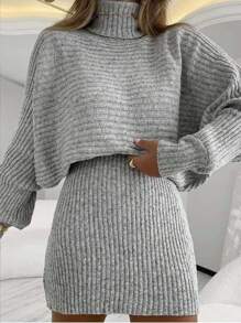 Long Sleeve Knitted Set With Short Skirt - 灰色 - 查看 3