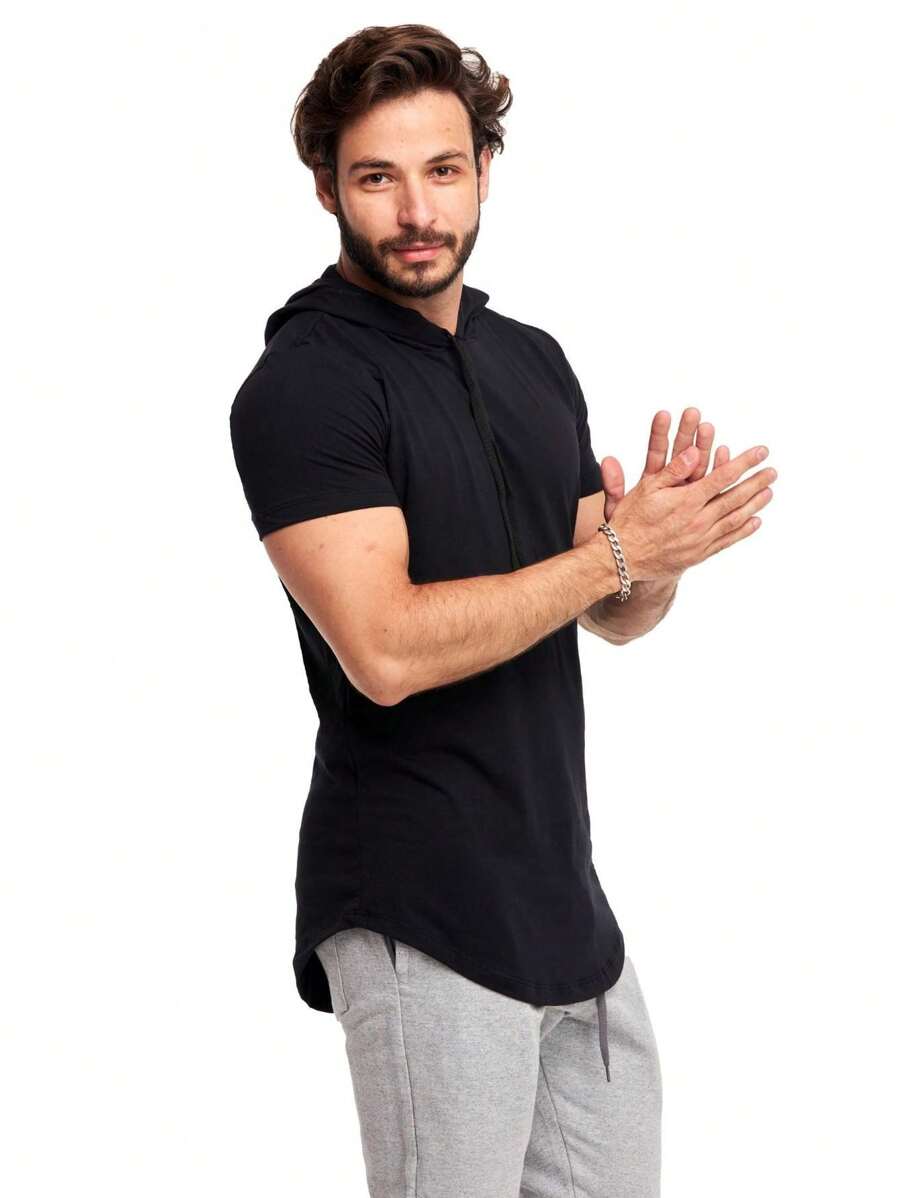 Longline Men's Short Sleeve T-Shirt With Oversized Hood C14 - 黑色 - 查看 1