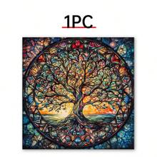 1pc Tree Of Life Mandala, Yggdrasil Painting Canvas, Mosaic Stained Print, Mythology Gift, World Tree, Celtic Wall Art, Vibrant Mandala, Canvas Wall Decor For Living Room, Bed Room,Poster Gifts Birthday Graduation