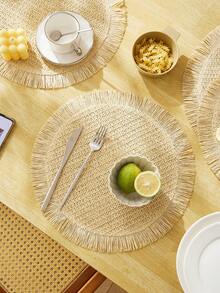 Fringe Paper Woven Round Placemat For Dining Table, Living Room, Homestay - Beige - View 2
