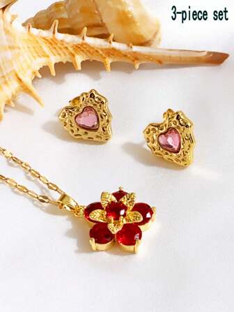 3条项链耳环套装复古轻奢樱花桃花项链欧美红锆石花朵吊坠礼物，