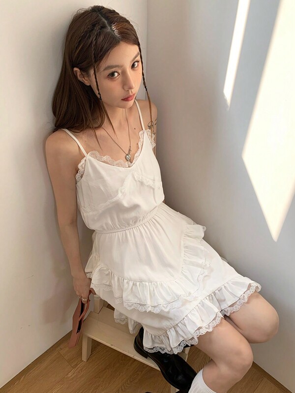 Women's Korean Style Solid Color Lace Patchwork Cami Dress