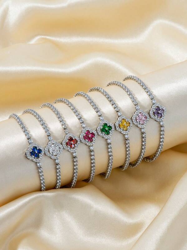 1pc Fashionable Simple Flower Design Zirconia Decor Bracelet For Women Valentines