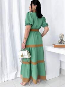 Women's Long Striped Dress With Removable Belt - Màu xanh Ô liu - Xem 2