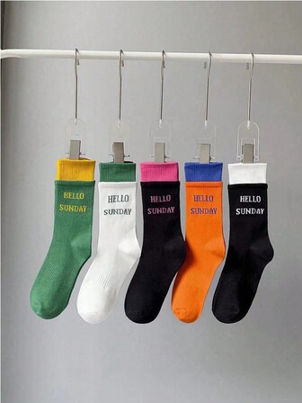 5 par slumpmässigt blandade herrstrumpor med bokstavstryck, vintage dubbla lager lapptäcke minimalistiska personliga vadstrumpor för kvinnor
