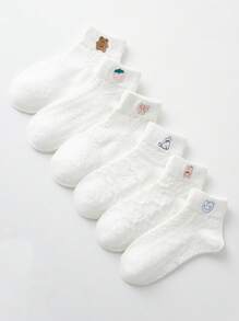 6 双什锦女童袜子，带有卡通草莓、蝴蝶结、笑脸、兔子、熊图案，精致刺绣，透气网眼面料短袜适合日常穿着 - 彩色 - 查看 8