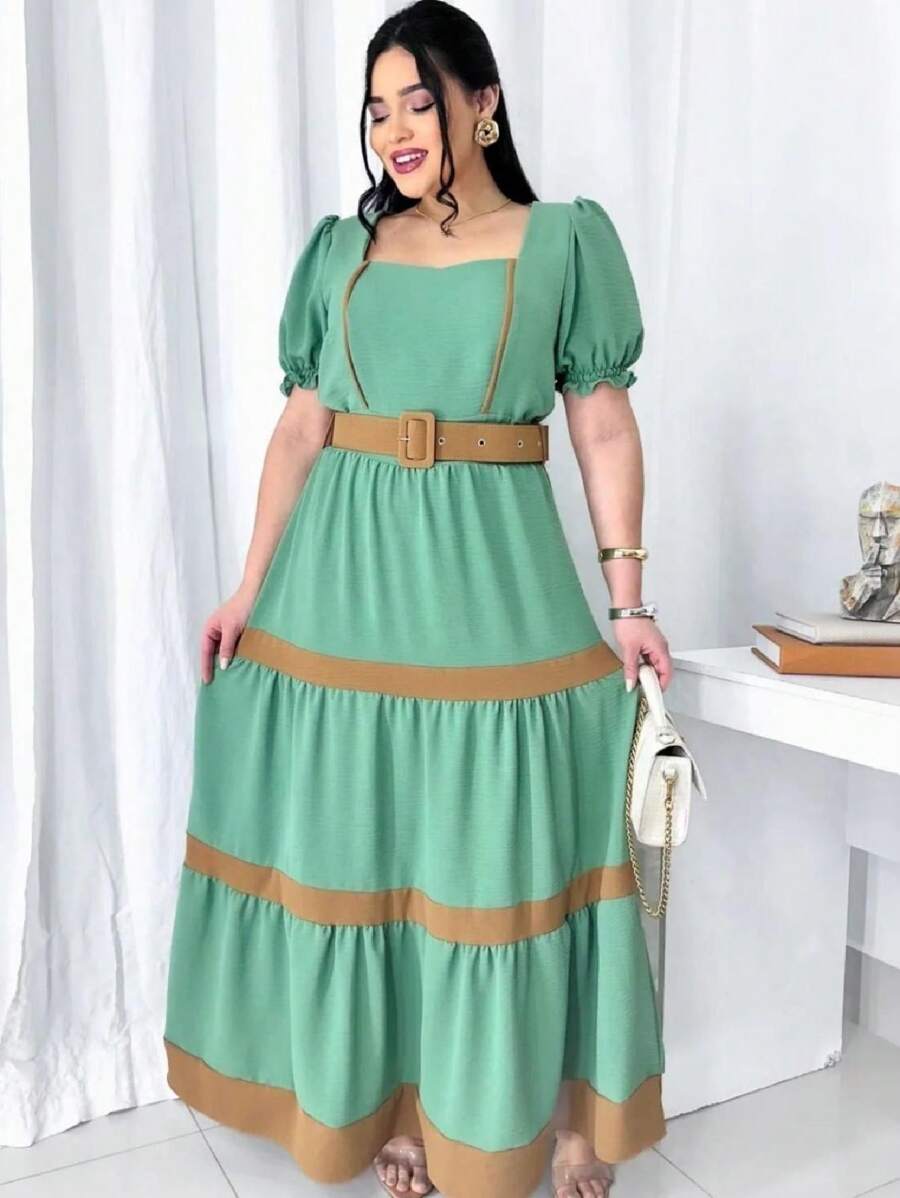 Women's Long Striped Dress With Removable Belt - Màu xanh Ô liu - Xem 1