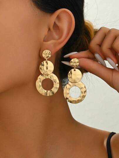 2pcs Metal Geometric Round Clip Earrings, Exaggerated Vintage Smooth Textured Non-Pierce Earrings For Party Wear